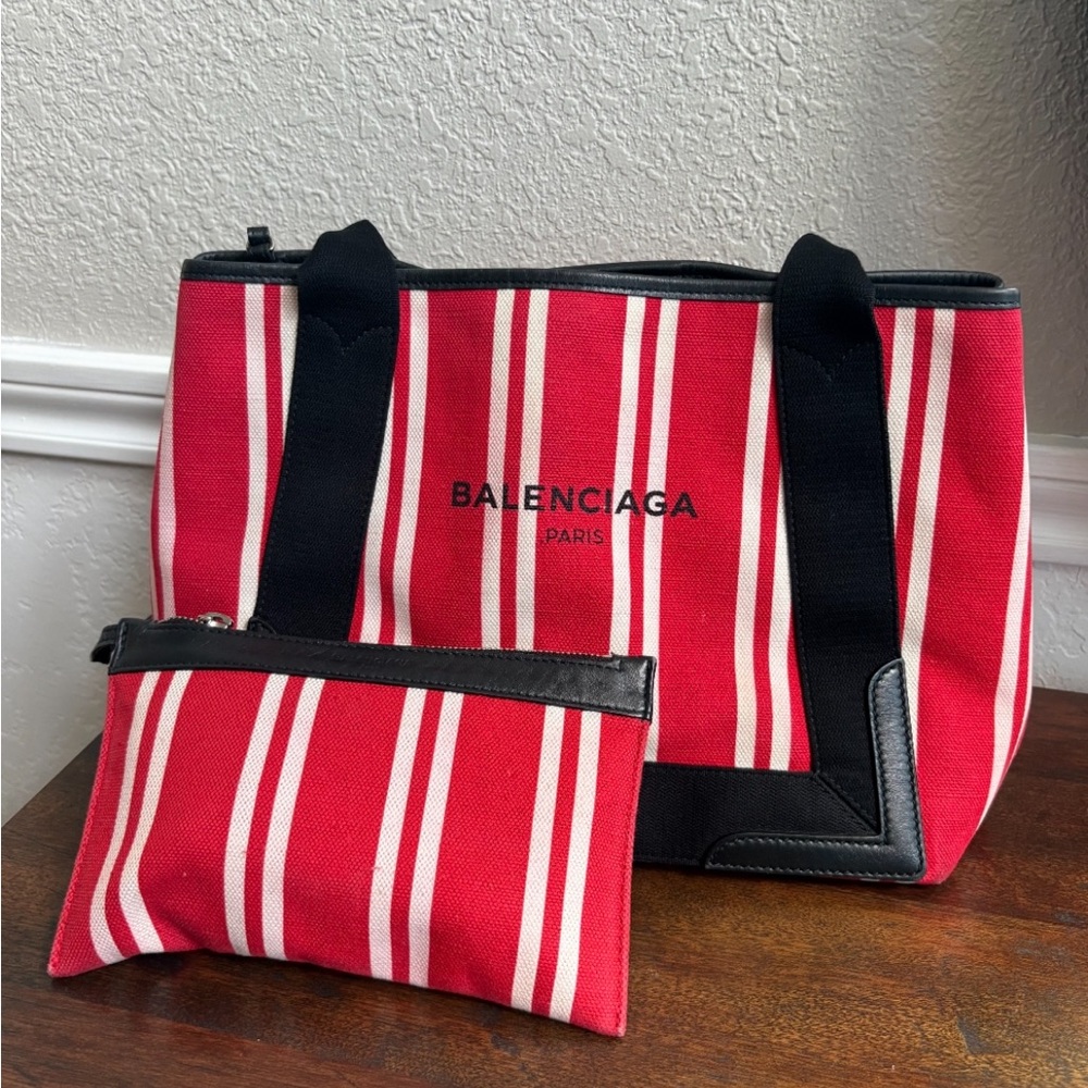 Balenciaga Cabas Tote Bag – Red & White Stripe with Dark Navy/black Trim